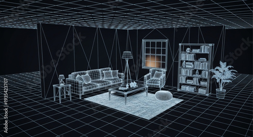 Wireframe living room interior design concept with furniture.