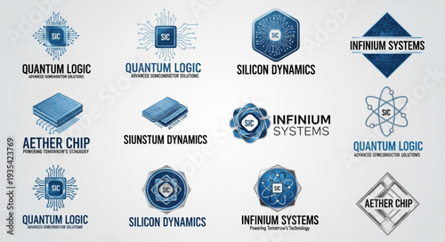 Collection of futuristic technology logos and emblems.