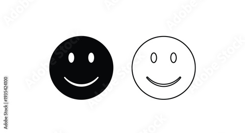Black and white vector smiley face icons set, featuring one solid black filled circle and one outline circle with happy expressions, ideal for user interface design, social media