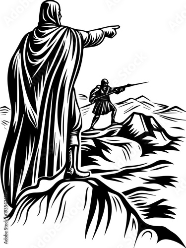 SVG illustration of a ghost reaper general tattoo design. Silhouette of Two Warriors on Mountainous Terrain with Focused Pointing