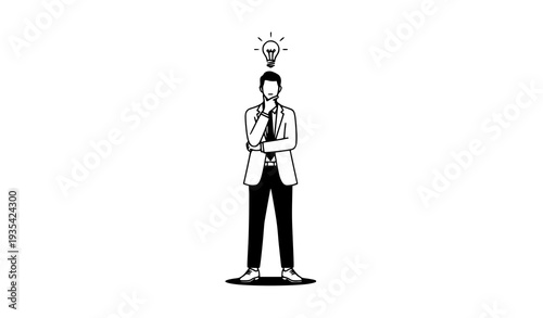 Businessman Brainstorming with Lightbulb Idea Solving Problem Concept Black and White Vector Illustration