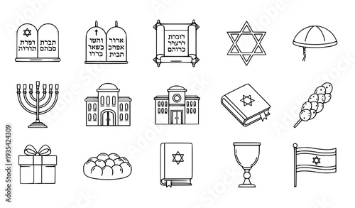 Jewish Religion Thin Line Icon Set with Covenant Tablets Kippah Menorah and Israel Flag Vector