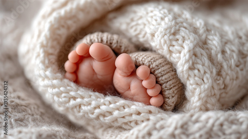 Baby feet wrapped in soft knitted blanket in neutral colors  