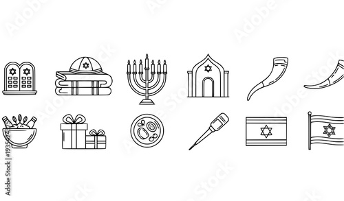 Minimal Jewish Holiday and Prayer Line Icons with Synagogue and Covenant Tablets Vector Illustration