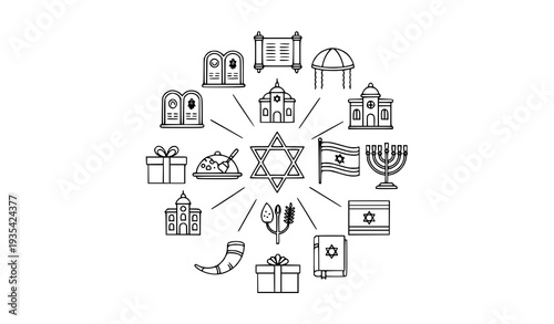 Judaism Religious Symbols Circular Thin Outline Icon Set with Covenant Tablets and Israel Flag