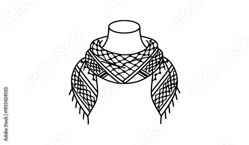 Minimal Line Art Keffiyeh Scarf Wrapped Around Neck Outline Vector Illustration