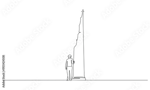 Businessman holding a giant arrow symbolizing upward trajectory success and progress in a simple line art illustration style