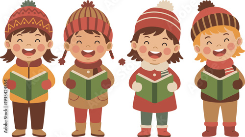 Cute children singing Christmas carols with books wearing winter hats, happy cartoon kids celebrating holiday music festive season concept