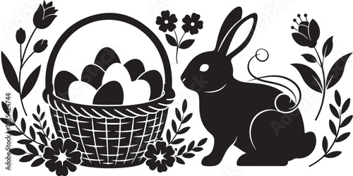 Easter bunny and eggs in basket with flowers illustration