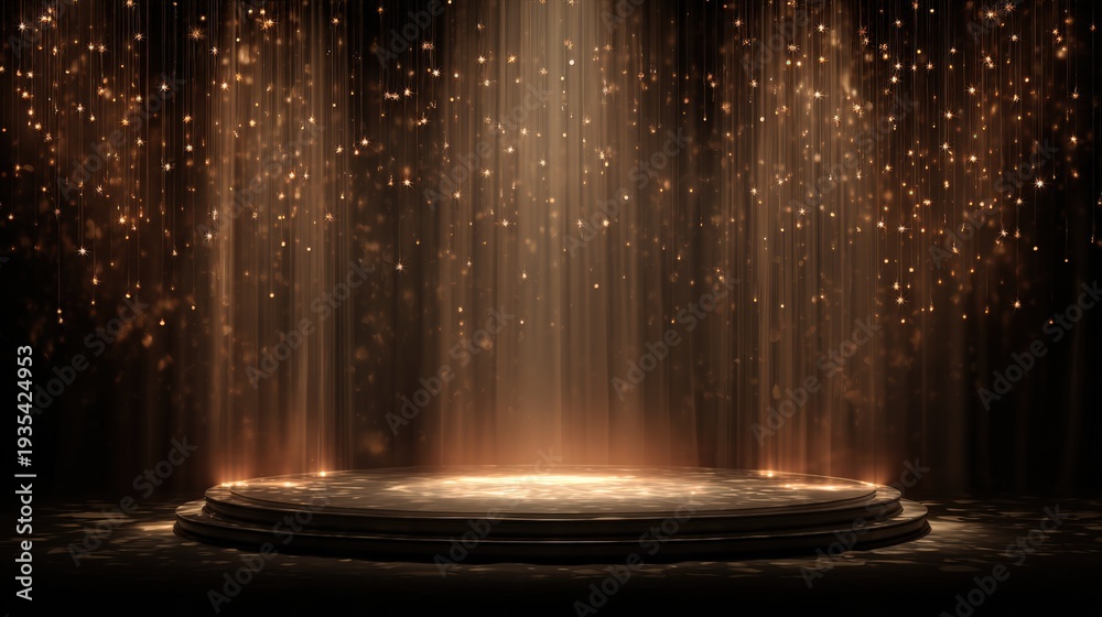 Obraz premium Golden stage podium with glowing spotlight beams and falling confetti. Luxury event showcase background