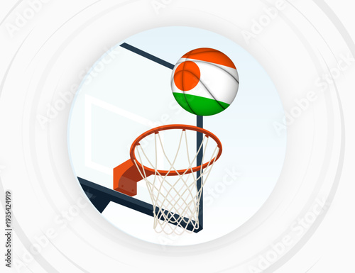 Niger Flag Themed Basketball in Motion, Scoring Moment in Basketball Game.