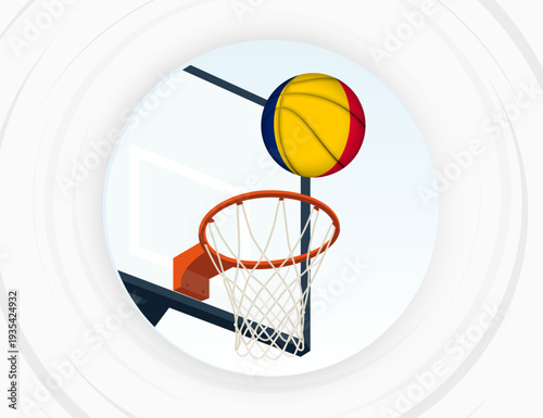 Chad Flag Themed Basketball in Motion, Scoring Moment in Basketball Game.