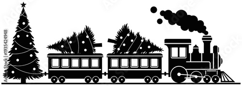 Black and White Silhouette Vector Illustration of a Vintage Steam Train Carrying Christmas Trees