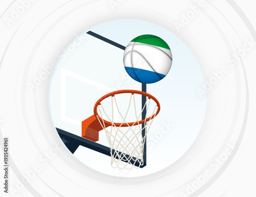 Sierra Leone Flag Themed Basketball in Motion, Scoring Moment in Basketball Game.