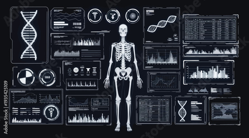 Human skeleton with dna and various medical graphs on a black background with white outlines and text