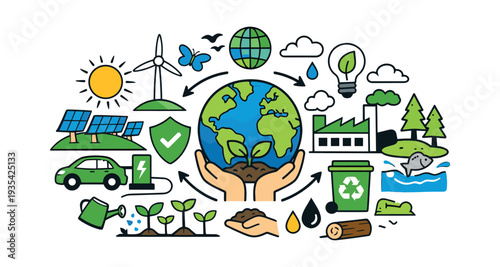 Hands holding a planting seedling on a globe, surrounded by green energy and environmental protection icons