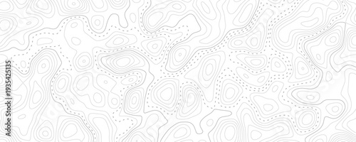 Seamless topographic map pattern with dashed path lines and white contour relief for adventure travel background