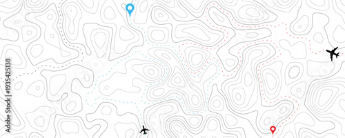 Abstract topographic map illustration with colorful travel pins airplane icons and dashed route paths on white background