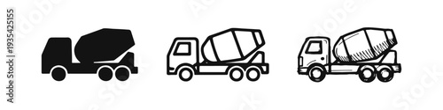 Concrete mixer truck icon set. Cement delivery, construction vehicle, and heavy machinery vector collection.