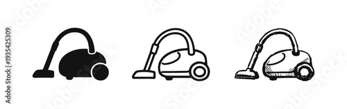 Vacuum Cleaner Icons Set: Solid, Outline, and Hand-Drawn Sketch Styles for Household Cleaning Appliances and Tools