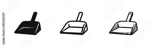 Dustpan Icons Set: Solid, Outline, and Hand-Drawn Sketch Styles for Cleaning Accessories and Dirt Collection