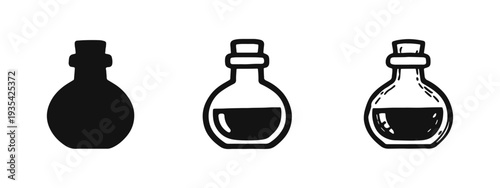 Potion Bottle Icon Set - Flask Symbols in Solid, Outline, and Hand-Drawn Styles for Magic