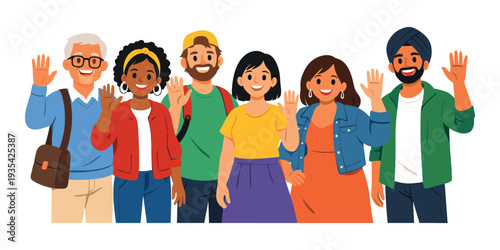 Diverse and multicultural group of happy people standing, smiling, and waving, showing friendship, community, and welcome