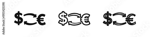Currency Exchange Icon Set - Dollar and Euro Symbols in Solid, Outline, and Hand-Drawn Styles
