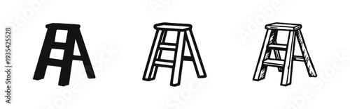Stepladder icons set in solid, outline, and hand-drawn doodle style, representing climbing or home improvement.