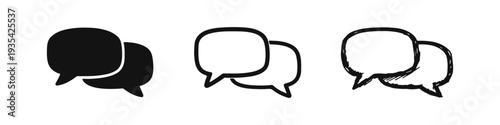 Speech bubble icons set representing chat, message, or communication, in solid, outline, and hand-drawn doodle style.