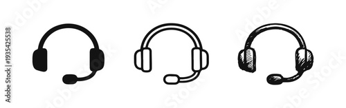 Headset icons set with microphone, for customer support or call center, in solid, outline, and hand-drawn doodle style.
