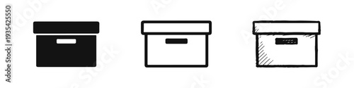 Archive storage box icons set for document organization or moving, in solid, outline, and hand-drawn doodle style.