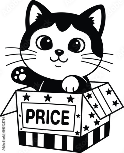 Adorable cartoon cat peeking from a box labeled PRICE with stars. Vector illustration
