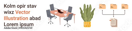 Business, organization, teamwork, workplace environment, digital workflow, document storage. Conference table setup with chairs and plant, accompanied by file organization diagram. Business
