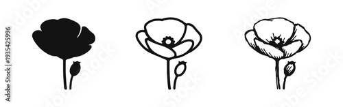 Poppy Flower and Bud Icon Set - Hand-Drawn Floral Botanical Illustration