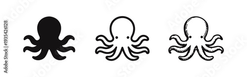 Octopus Icons Set - Hand Drawn Black and White Cephalopod Vector Illustration Collection