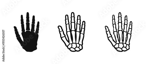 Hand Skeleton Icon Set. Hand Drawn Silhouette, Outline, and Sketch Style Vector Illustrations of Human Hand Bones.