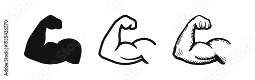 Flexed Bicep Muscle Icon Set. Hand Drawn Silhouette, Outline, and Sketch Style Vector Illustrations of Strength and Fitness.