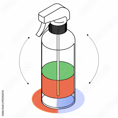 Transparent spray bottle with colored liquid for house cleaning  