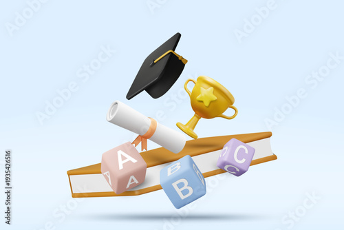 3D vector illustration of floating graduation cap rolled diploma gold trophy book and alphabet blocks. Concept for education learning success graduation achievement banner background template.