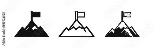 Mountain Peak with Flag Icon Set - Achievement and Success Symbol in Multiple Styles