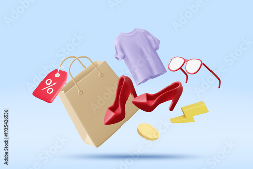 3D vector illustration of floating shopping bag with red high heels purple t-shirt sunglasses discount tag coin and lightning bolt. Concept for fashion flash sale online shopping banner template.