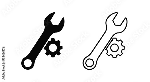 Black and white wrench and gear icon set vector for settings, tools, repair, and service applications, perfect for websites, apps, and presentations