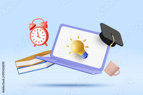 3D vector illustration of floating laptop with light bulb graduation cap books alarm clock and coffee cup. Concept for online education e-learning creative idea banner background template.