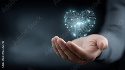 Glowing digital circuit heart in a person's hand