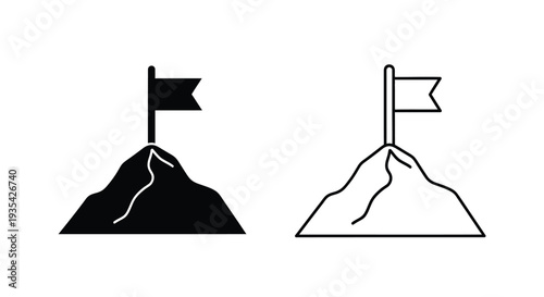 Mountain Peak with Flag Icon Set Vector: Black Silhouette and Outline Style for Business Goals, Success, and Achievement Concepts