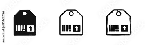 Shipping Tag Icon Set: Barcode Label with Up Arrow for Delivery, Logistics, and Parcel Tracking