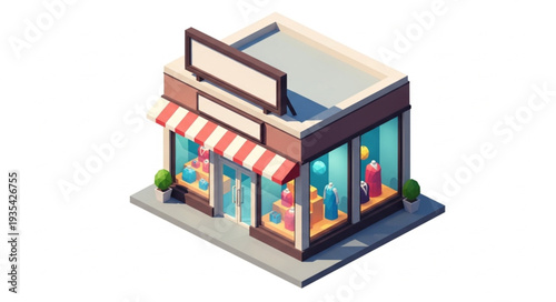 Isometric view of a modern clothing store with a striped awning and display windows.