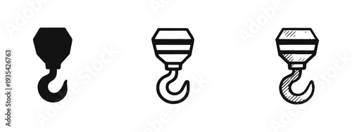 Crane Hook Icons Set: Solid, Outline, and Hand-Drawn Styles for Industrial and Construction Concepts