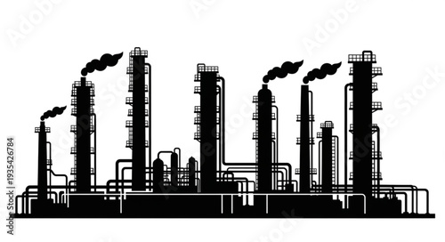 Silhouette of an industrial complex with tall smokestacks and pipes, black and white.